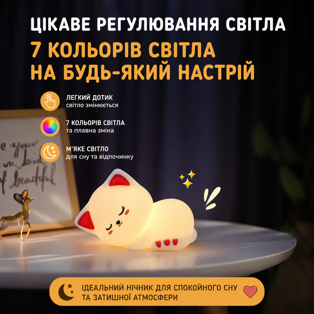 Сенсорний силіконовий нічник "Сонний котик з рожевими вушками" з функцією зміни кольору та сенсорним управлінням - Фото 2 Сенсорний силіконовий нічник "Сонний котик з рожевими вушками" з функцією зміни кольору та сенсорним управлінням - изображение 2