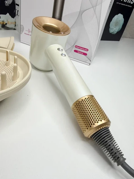 Фен Super Hair Dryer біло-золотий, бежеві насадки з іонізацією та турборежимом 5 насадок - зображення 2