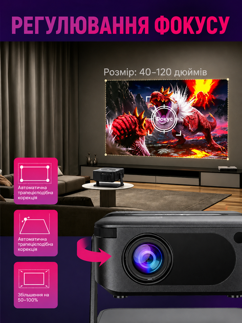 Смарт проектор Android 11 Wi-Fi Bluetooth 200 ANSI HD 720P підтримка 4K портативний міні LED потужний відеопроєктор домашній кінотеатр для дому офісу фільмів презентацій телефона смартфона HDMI USB 180° поворот (121234) - зображення 3