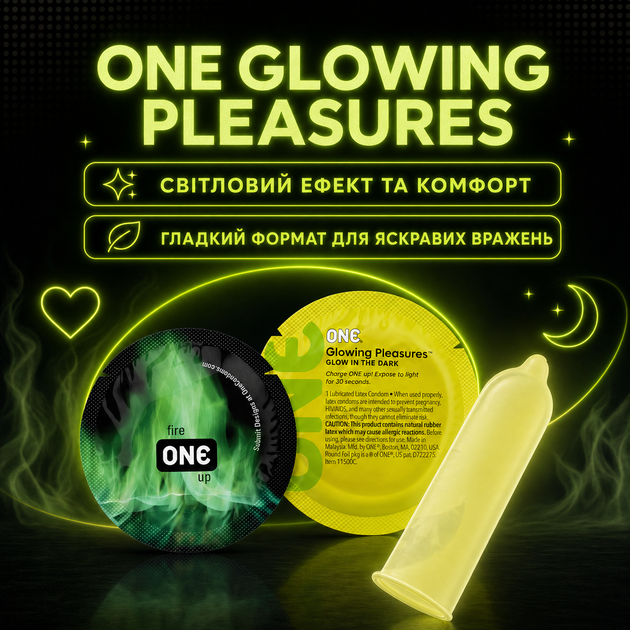 Презерватив ONE Glowing Pleasures ультратонкий латексний гладкий світиться в темряві із силіконовою змазкою 1 шт - зображення 5