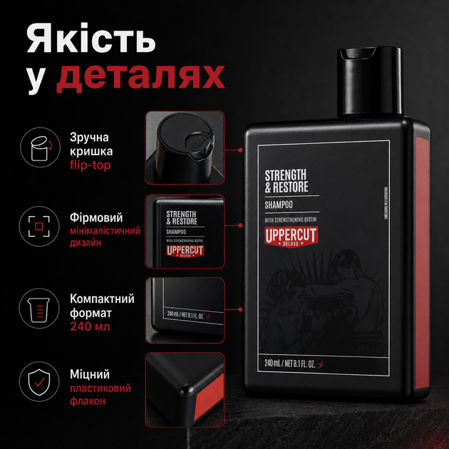 Шампунь Uppercut Deluxe Strength and Restore 240 мл для волос с биотином, кофеином и кератином, очищение и укрепление, уход для тонких и тусклых прядей - изображение 2