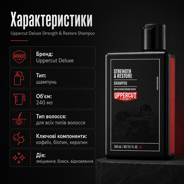 Шампунь Uppercut Deluxe Strength and Restore 240 мл для волос с биотином, кофеином и кератином, очищение и укрепление, уход для тонких и тусклых прядей - изображение 3