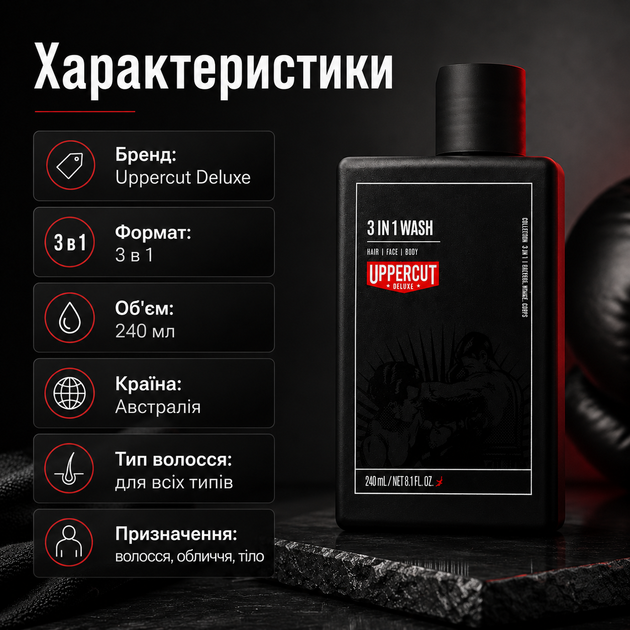 Засіб Uppercut Deluxe 3 in 1 Wash 240 мл для волосся, обличчя й тіла з кокосовою олією, очищенням, зволоженням та ароматом Bay Rum, гель для душу - зображення 3