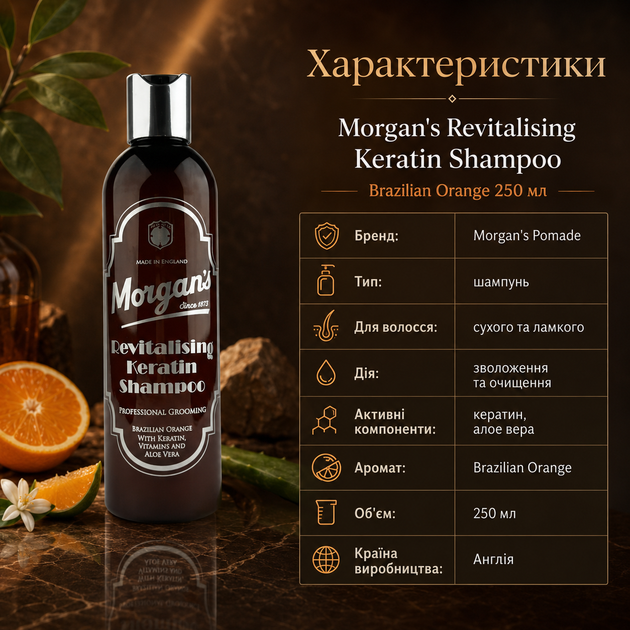 Шампунь Morgan's Revitalising Keratin Brazilian Orange 250 мл для сухого волосся з алое вера, кератином і пантенолом, зволоження та відновлення пасм щодня - зображення 3