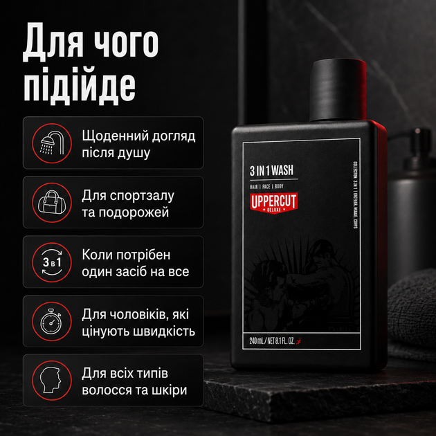 Засіб Uppercut Deluxe 3 in 1 Wash 240 мл для волосся, обличчя й тіла з кокосовою олією, очищенням, зволоженням та ароматом Bay Rum, гель для душу - зображення 4