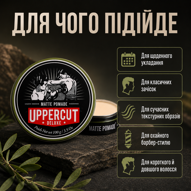 Помада Uppercut Deluxe Matt Pomade 100 г для укладання волосся з сильною фіксацією, вираженим блиском, водною основою та текстурою, стайлінг для помпадура і гладких зачісок - зображення 4