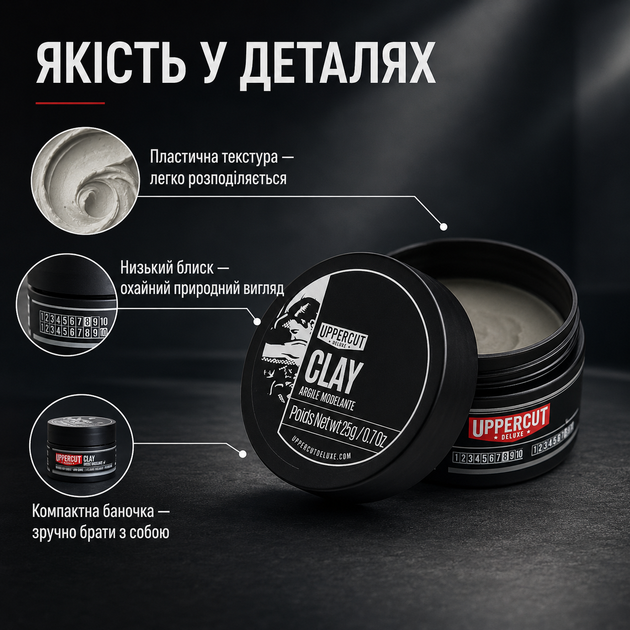 Глина Uppercut Deluxe Clay 25 г для укладання волосся з сильною фіксацією, низьким блиском, водною основою та текстурою, стайлінг для короткої і середньої довжини - зображення 2