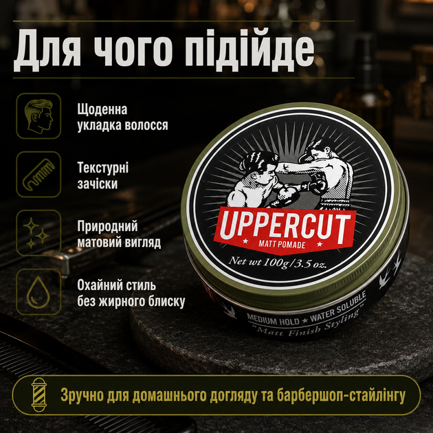 Помада Uppercut Deluxe Matt Pomade 100 г для укладання волосся з середньою фіксацією, матовим фінішем, водною основою та кремовою текстурою, стайлінг для класичних зачісок - зображення 4