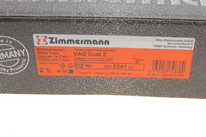 Тормозные диски ZIMMERMANN 600.3241.20 Skoda Superb, Octavia, Yeti, Karoq; Volkswagen Jetta, Touran, EOS, Scirocco, Caddy, Golf, T-Roc; Audi A3, A1, TT; Seat Leon 1K0615601AA, 5Q0615601D - Фото 4 Тормозные диски ZIMMERMANN 600.3241.20 Skoda Superb, Octavia, Yeti, Karoq; Volkswagen Jetta, Touran, EOS, Scirocco, Caddy, Golf, T-Roc; Audi A3, A1, TT; Seat Leon 1K0615601AA, 5Q0615601D - зображення 4