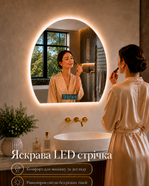 Зеркало с подсветкой для ванной комнаты настенное смарт зеркало LED с подогревом и дисплеем 59х51 см BRS - изображение 5