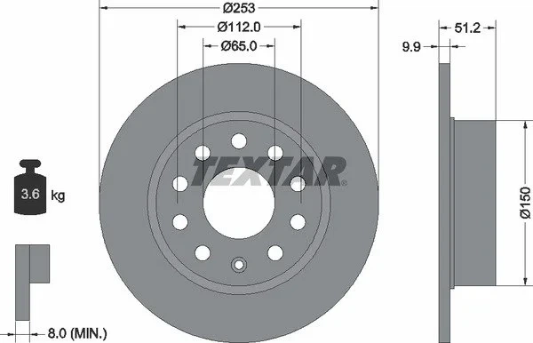 Тормозные диски TEXTAR 92120903 Volkswagen Jetta, Scirocco, Golf, Caddy, EOS; Skoda Octavia, Yeti; Seat Leon, Toledo; Audi A3 1K0615601AB, 1K0615601K, 5C0615601 - зображення 2