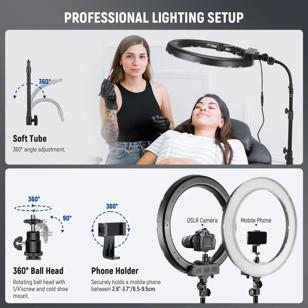 Профессиональная кольцевая LED лампа RL-21 (54 см) 65W / Профессиональный свет с 3 креплениями для телефона, пультом и сумкой (COPY) - Фото 4 Профессиональная кольцевая LED лампа RL-21 (54 см) 65W / Профессиональный свет с 3 креплениями для телефона, пультом и сумкой (COPY) - изображение 4