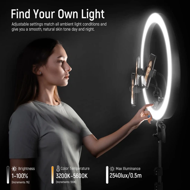 Профессиональная кольцевая LED лампа RL-21 (54 см) 65W / Профессиональный свет с 3 креплениями для телефона, пультом и сумкой (COPY) - Фото 6 Профессиональная кольцевая LED лампа RL-21 (54 см) 65W / Профессиональный свет с 3 креплениями для телефона, пультом и сумкой (COPY) - изображение 6