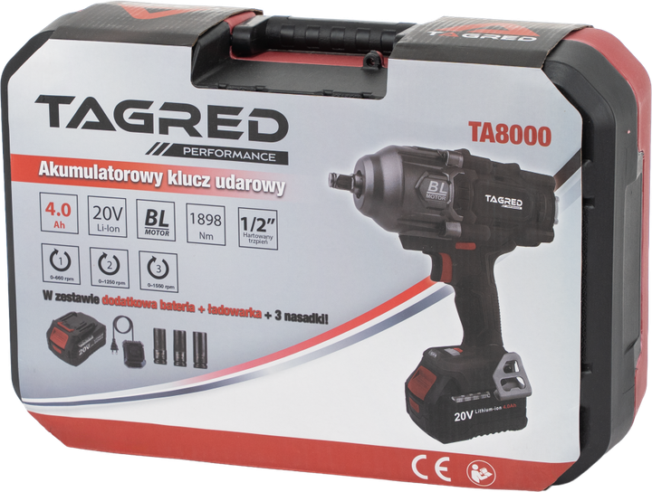 Akumulatorowy klucz udarowy Tagred bezszczotkowy 2 akumulatory 20 V 4 Ah 1898 Nm TA8000 (5903293512258) - obraz 2