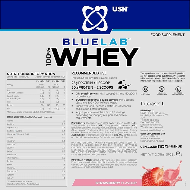 Сироватковий протеїн Blue Lab 100% Whey Premium Protein USN, полуниця, 908 г - зображення 2