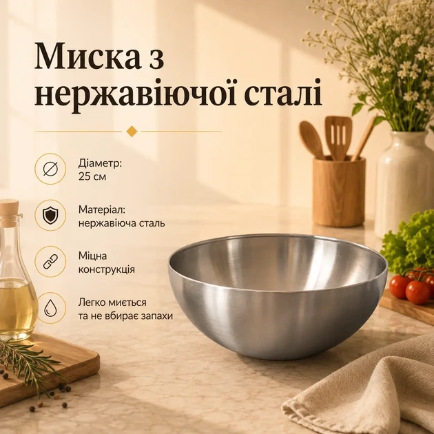 Миска из нержавеющей стали (серебро 25 см) - Фото 1 Миска из нержавеющей стали (серебро 25 см) - изображение 1