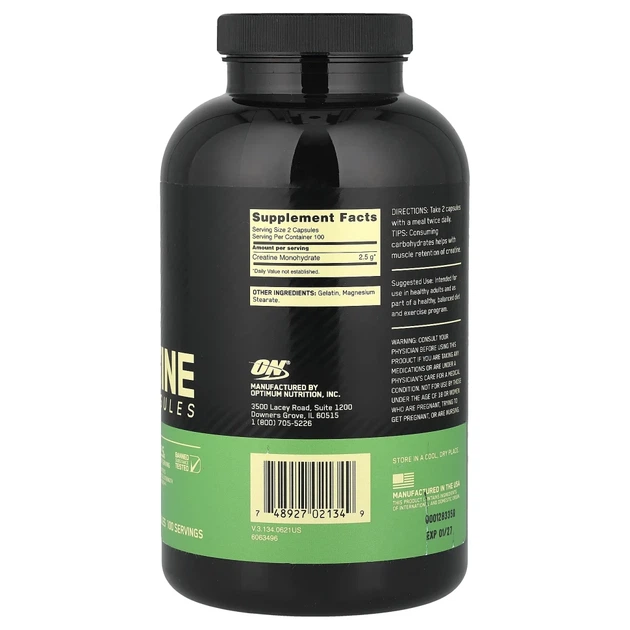Optimum Nutrition, мікронізований креатин у капсулах, 200 капсул (1,25 г у капсулі) (OPN-02134) - изображение 2