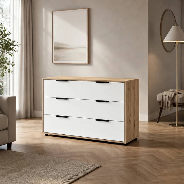 Современный комод Sava 1200х450х750 на 6 ящиков, для спальни, гостиной и прихожей Белый/Дуб Артизан - изображение 2