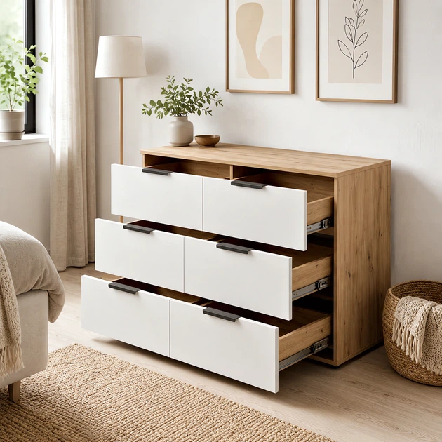 Современный комод Sava 1200х450х750 на 6 ящиков, для спальни, гостиной и прихожей Белый/Дуб Артизан - изображение 6