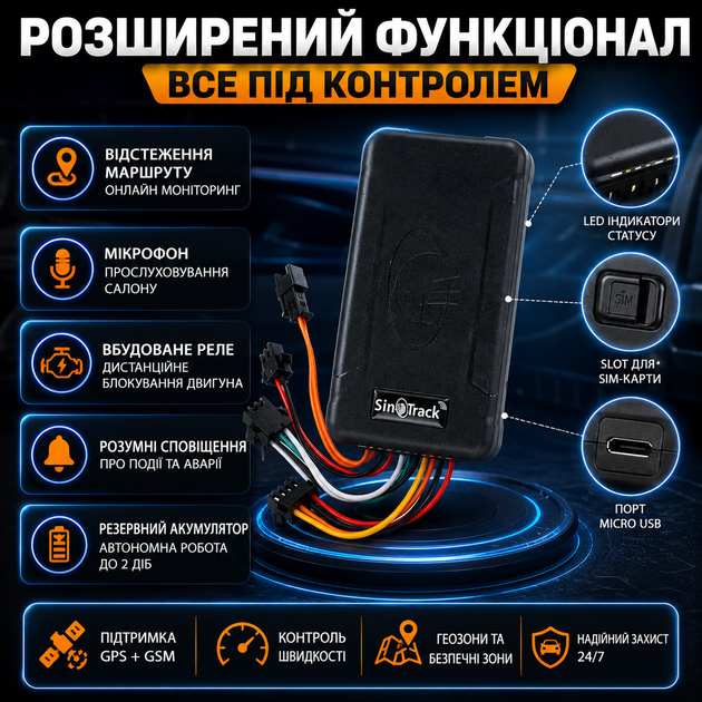 Портативный GPS-трекер SinoTrack с реле и микрофоном для автомобиля с кнопкой SOS черный SK_703848А12 - изображение 4
