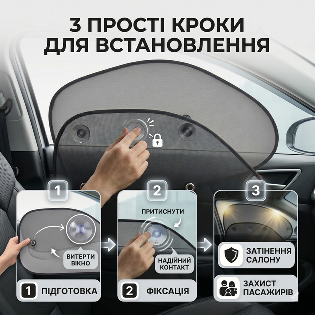 Шторка сонцезахисна CarLife для бічних вікон 65x38см 2шт захисна шторка для автомобіля для захисту від сонця чорна SK_SS065А12 - зображення 3