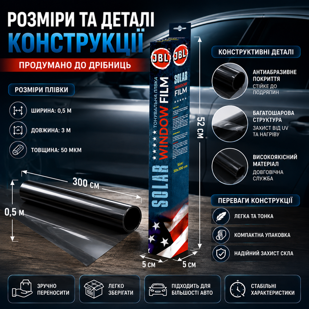 Плівка тонувальна JBL 0.5x3m чорна плівка для автомобіля захист від сонця антиабразивна SK_50B300А12 - зображення 5