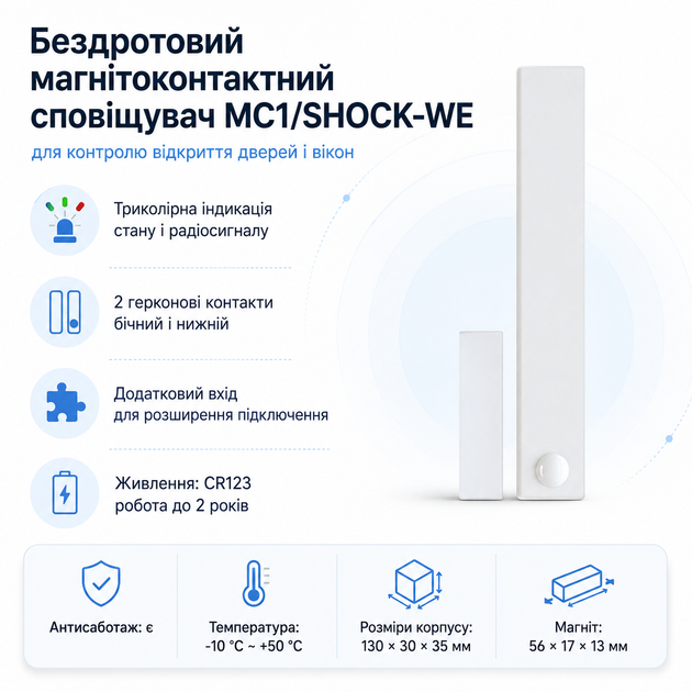 Беспроводной магнитоконтактный извещатель MC1/SHOCK-WE CR123 2 герконовых контакта Белый - изображение 2