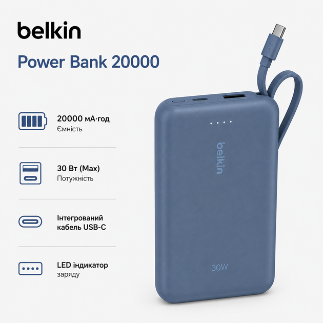 Портативний акумулятор Belkin 20000 мАгод 30 Вт Power Bank з інтегрованим кабелем USB-C Синій (BPB024HQBL) - зображення 2