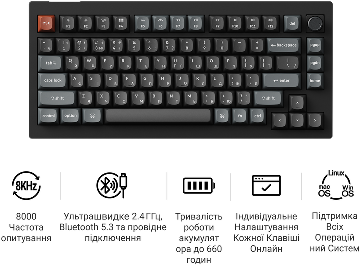 Клавіатура бездротова Keychron V1 Ultra Keychron Red Switch Black RGB (V1U-D1-UA) - зображення 8