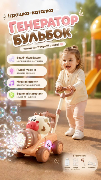 Каталка з мильними бульбашками 8533 на акумуляторі, з підсвіткою Корівка - Фото 1 Каталка з мильними бульбашками 8533 на акумуляторі, з підсвіткою Корівка - изображение 1
