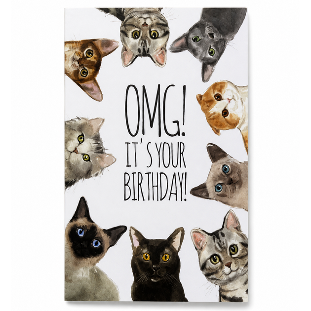 Открытка мини, поздравительная открытка «OMG! It’s Your Birthday» с котиками - Фото 1 Открытка мини, поздравительная открытка «OMG! It’s Your Birthday» с котиками - изображение 1