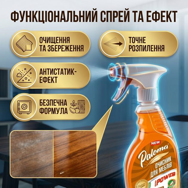 Очисник для меблів Paloma Extra Power 600мл рідкий засіб для чищення паркетних та дерев'яних поверхонь антистатик SK_PE50397А12 - зображення 4