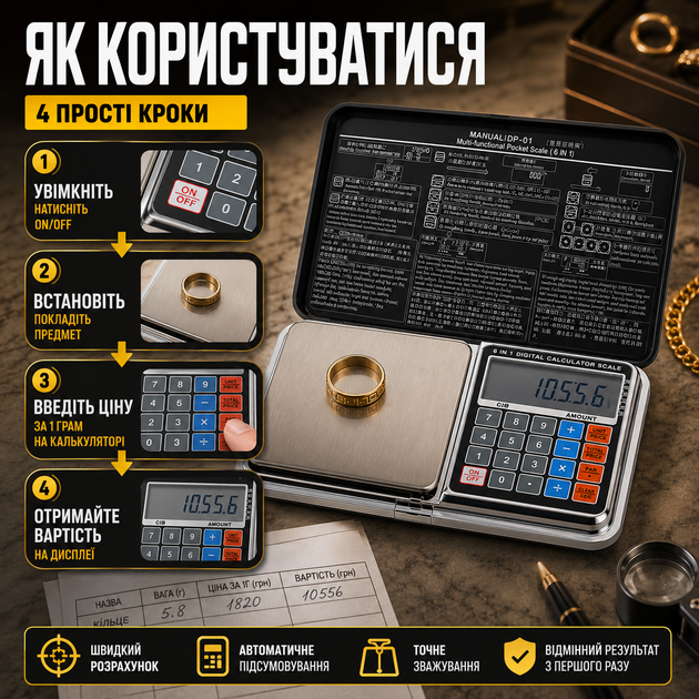 Ювелирные весы с калькулятором DP-01 1000г 0,1г электронные для ломбардов и ювелиров ЖК дисплей черные SK_205154А12 - изображение 3