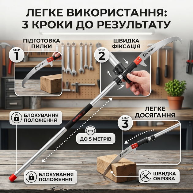Высоторез телескопический Intertool 5 м алюминиевый с пилой 350 мм для обрезки деревьев и кустарников садовый инструмент для садоводов и ландшафтных дизайнеров SK_HT-3115А12 - изображение 3