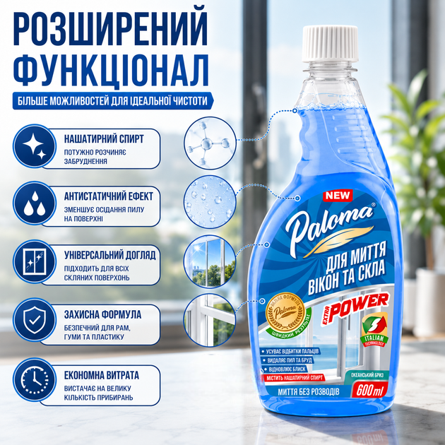 Очисник для скла Paloma Extra Power 600мл із нашатирним спиртом спрей для вікон та дзеркал видаляє бруд та пил безбарвний SK_PE50953А12 - зображення 4