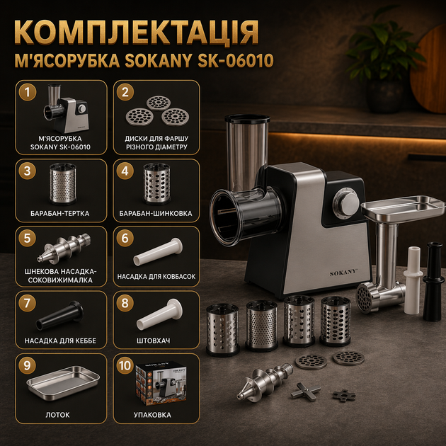 М’ясорубка SOKANY SK-06010 4 в 1, 1000 Вт - зображення 2