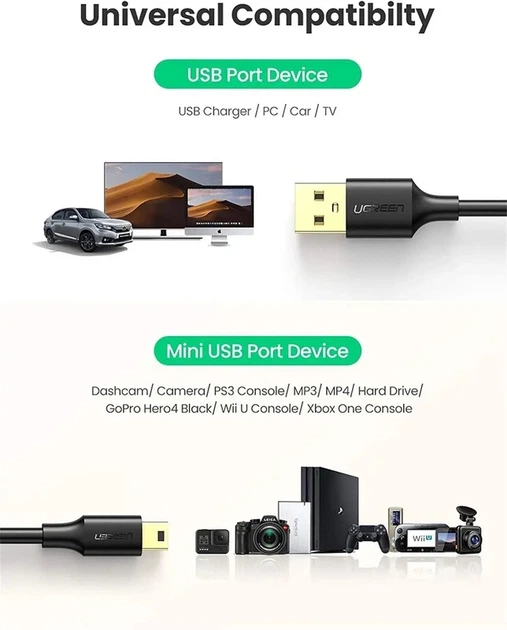 Кабель UGREEN USB 2.0 A Male to Mini 5 Pin Male Cable 3m (Black) - Фото 5 Кабель UGREEN USB 2.0 A Male to Mini 5 Pin Male Cable 3m (Black) - изображение 5