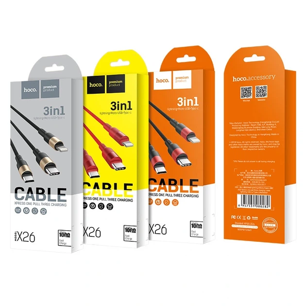 Кабель HOCO X26 Xpress one pull three charging cable iP+Micro+Type-C Black+Red - Фото 2 Кабель HOCO X26 Xpress one pull three charging cable iP+Micro+Type-C Black+Red - зображення 2