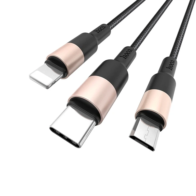 Кабель HOCO X26 USB to iP+Type-C+Micro 2A, 1m, nylon, aluminum connectors Black+Gold - зображення 3