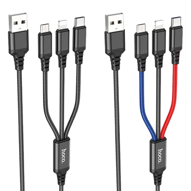 Кабель HOCO X76 USB to iP+Type-C+Micro 2A, 1m, nylon, aluminum connectors Black+Red+Blue - изображение 3