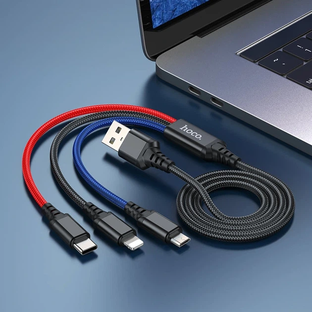 Кабель HOCO X76 USB to iP+Type-C+Micro 2A, 1m, nylon, aluminum connectors Black+Red+Blue - изображение 4