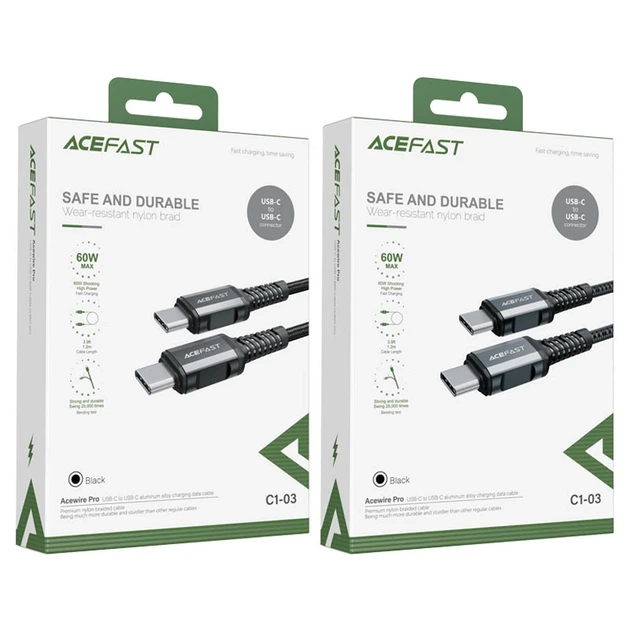Кабель ACEFAST C1-03 Type-C to Type-C 3A, 1.2m, nylon, aluminum connectors, Black - изображение 2