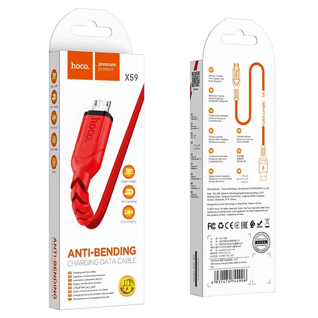 Кабель HOCO X59 USB to Micro 2.4A, 1m, nylon, TPE connectors, Red - зображення 2