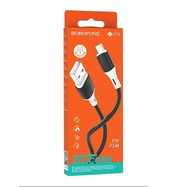 Кабель BOROFONE BX79 USB to Micro 2.4A, 1m, silicone, silicone connectors, Black - изображение 2