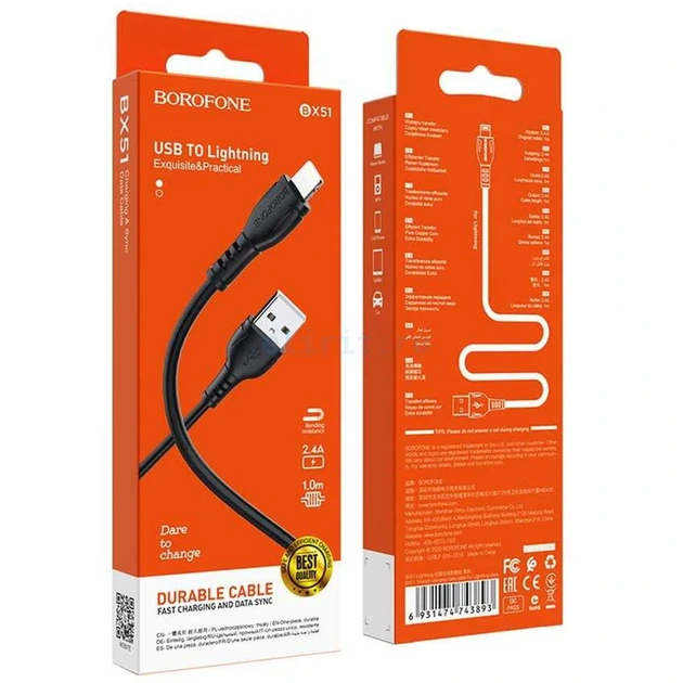 Кабель BOROFONE BX51 USB to iP 2.4A,1m, PVC, PVC connectors, Black - изображение 2