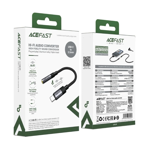 Аудіокабель ACEFAST J12 Type-C to 3.5mm female, nylon braid, 0,15m, Black - Фото 2 Аудіокабель ACEFAST J12 Type-C to 3.5mm female, nylon braid, 0,15m, Black - изображение 2