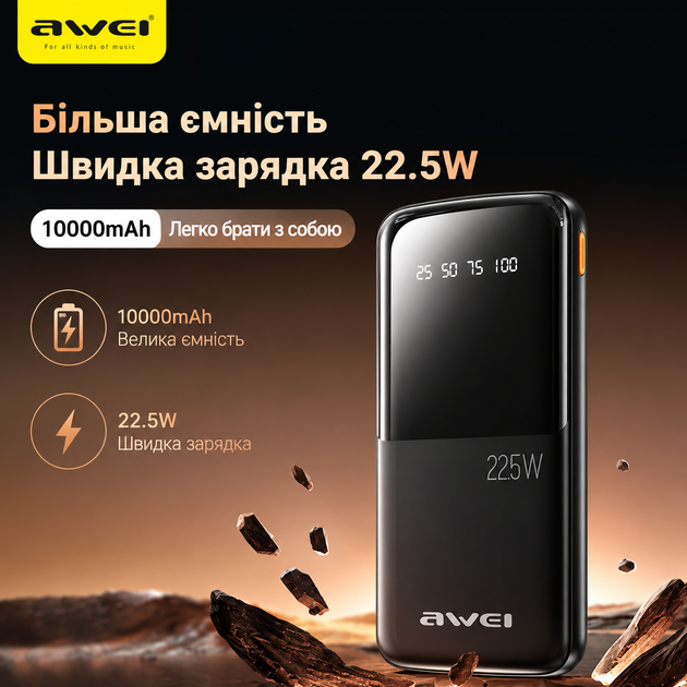 Повербанк AWEI P10K 10000 мАг 22.5 Вт швидка зарядка 2 USB та 1 Type-C чорний (10513) - зображення 4