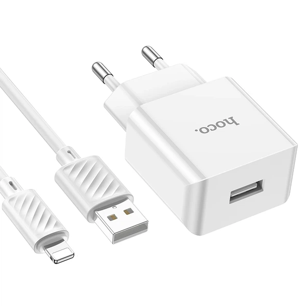 Мережевий зарядний пристрій з кабелем HOCO C106A Leisure single port charger set(iP) 10.5W White - Фото 5 Мережевий зарядний пристрій з кабелем HOCO C106A Leisure single port charger set(iP) 10.5W White - зображення 5