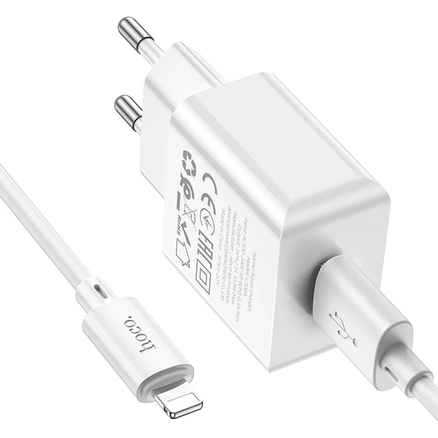 Мережевий зарядний пристрій з кабелем HOCO C106A Leisure single port charger set(iP) 10.5W White - Фото 6 Мережевий зарядний пристрій з кабелем HOCO C106A Leisure single port charger set(iP) 10.5W White - зображення 6