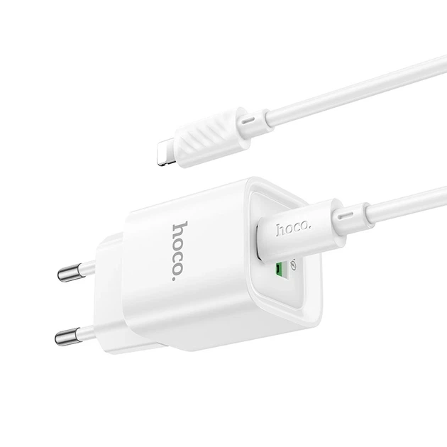 Мережевий зарядний пристрій з кабелем HOCO C147A Charm PD20W+QC3.0 charger set (C to iP)(EU) White - зображення 5